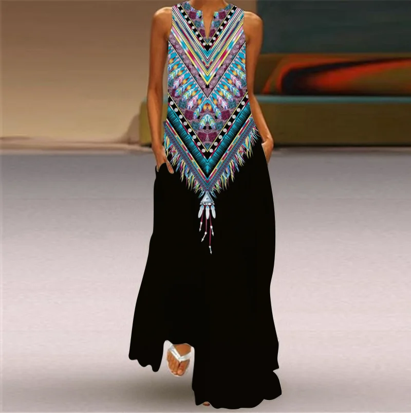 

Bohemian Printed Long Dress Women Vintage Sleeveless V-Neck Maxi Dresses Y2k Ladies Casual Pocket Beach Dress Vestidos Clothes