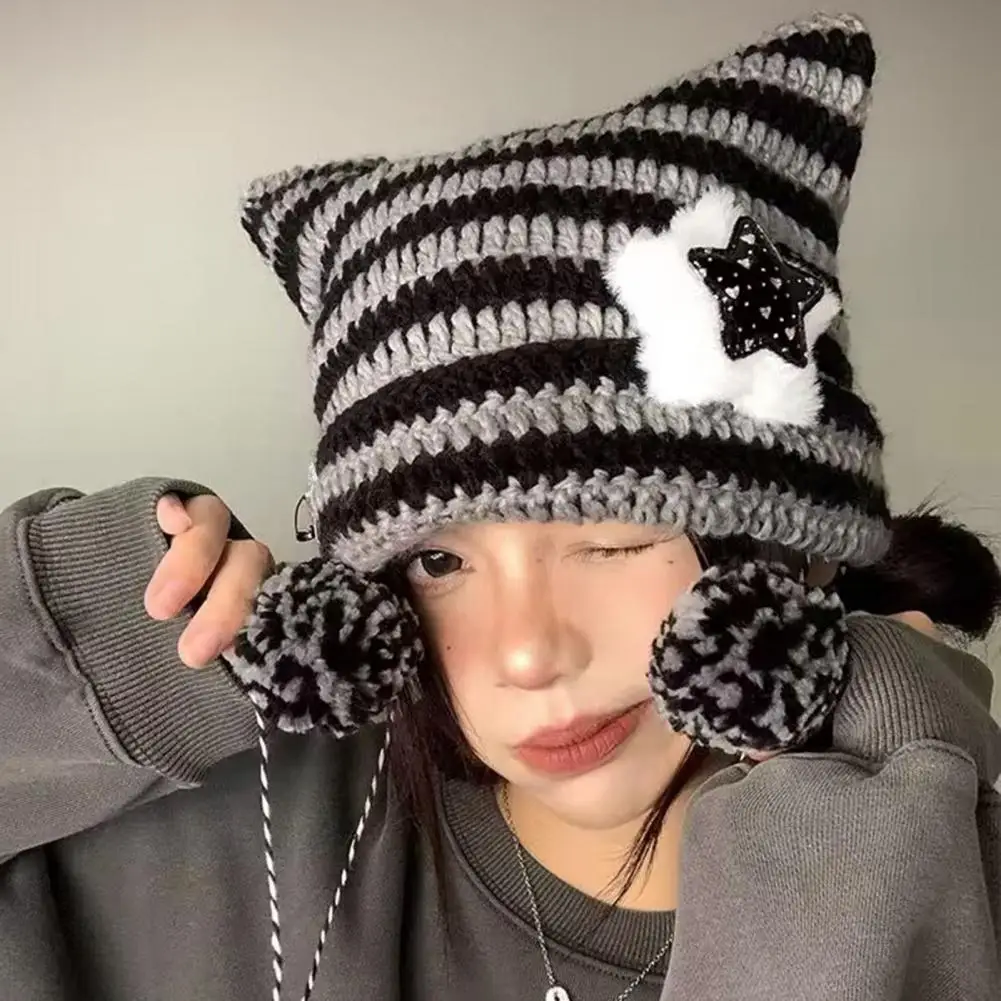 

Windproof Warm Knitted Hat Japanese Style Cat Ear Beanie Hat Striped Print Knitting Hat with Plush Ball Pendant Autumn Winter