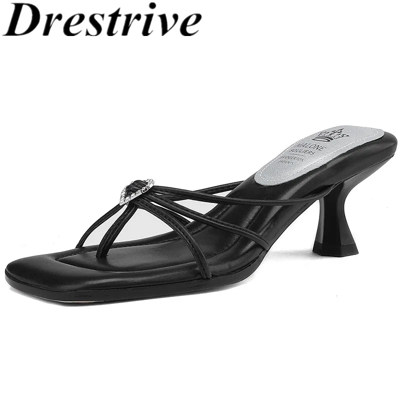 

Drestrive 2023 Fashion Women Sandals Metal Cow Leather Mid Heels Square Toe Heart Summer Shoes Slipper Soft Top Quality