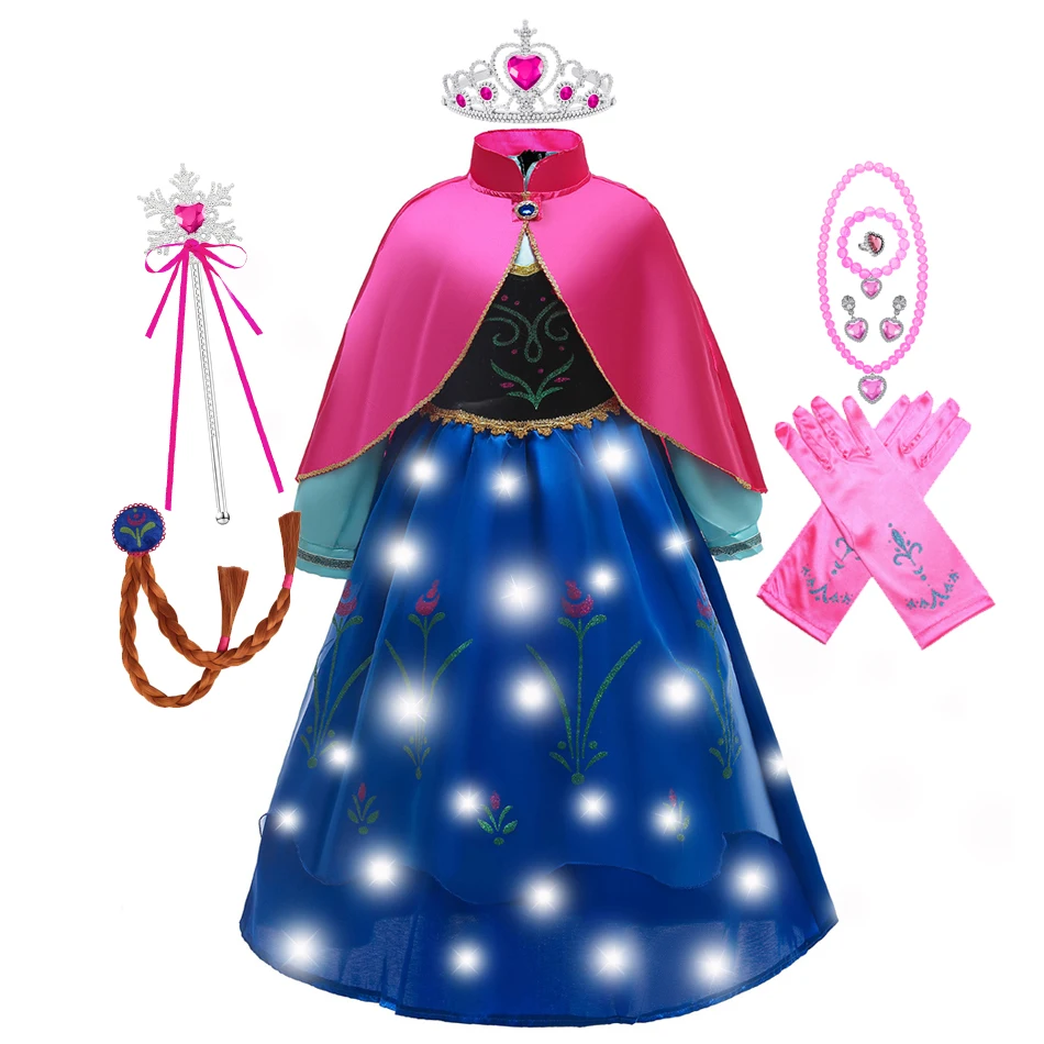 Anna Costume Girls Princess Dress with Cpaes Kids Cosplay Anna LED