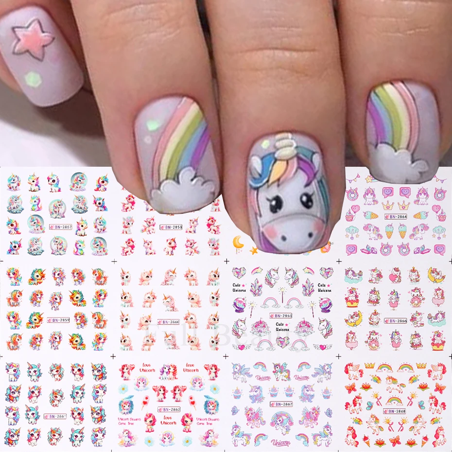 12 Designs Pink Unicorn Water Transfer Slider Rainbow Horse Ice Cream Heart Cartoon Anime Nail Sticker Polishing Nail Decoration nail stickers nail art decoration nail decals