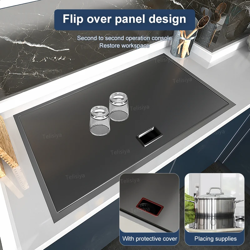 Hidden Cup Washer Sink With Cover Panel Stainless Steel Kitchen Sink With Trash Can Large Single Slot Multifunctional Wash Basin 2