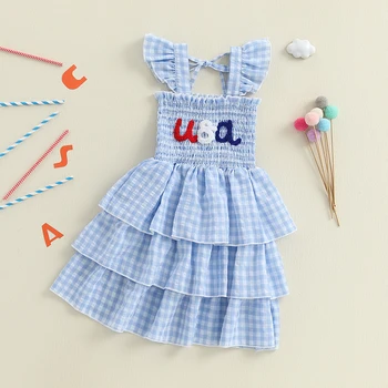 Independence Day Plaid Dress with Embroidered Stars and Stripes Smocked Flying Sleeve Ruffle Dress for Girls Summer Outfit 1