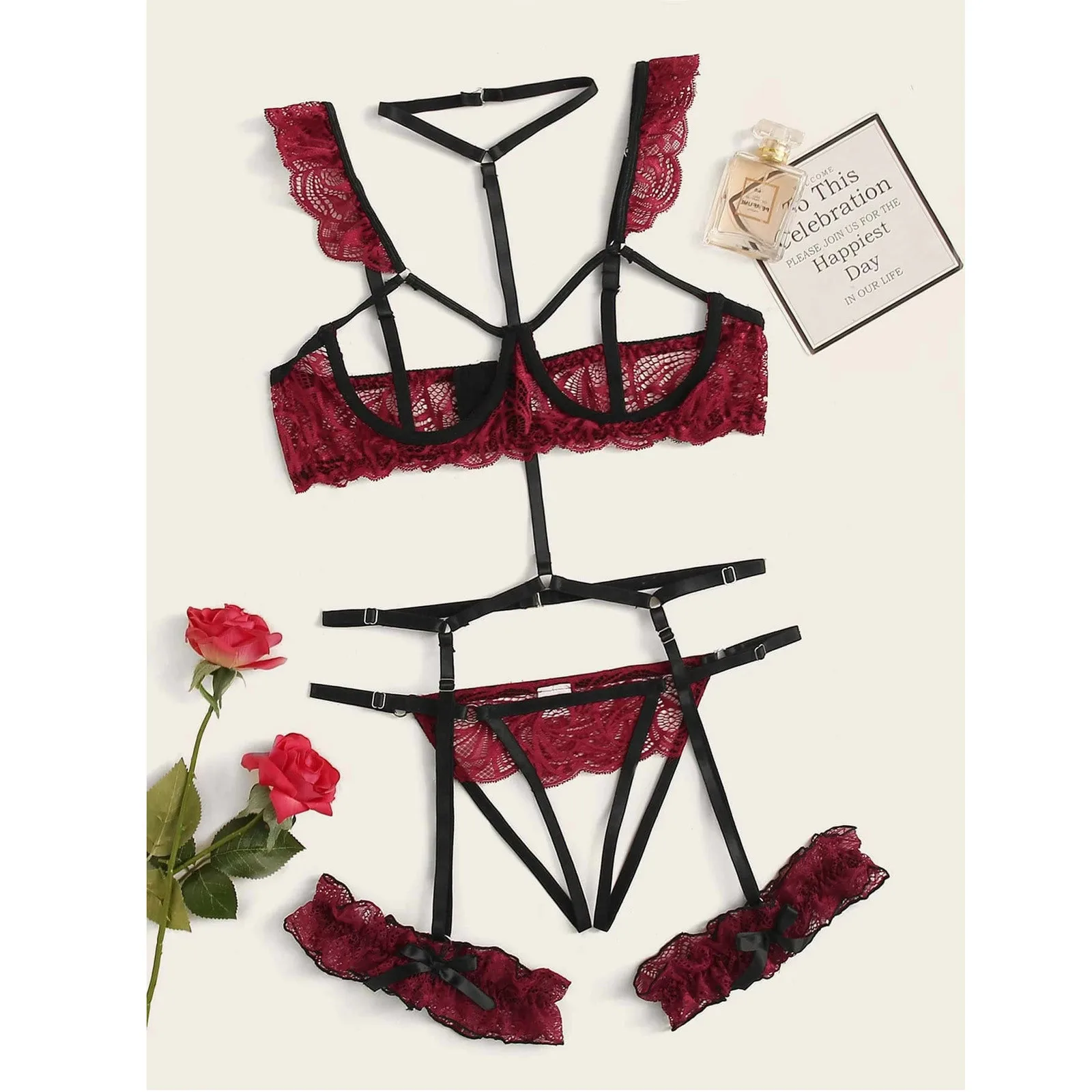 

Sexy Erotic Flower Lace Lingerie Set Women Hollow Out Capless Cage Bra Crotchless Thong Garter Porn Erotic Underwear Costumes