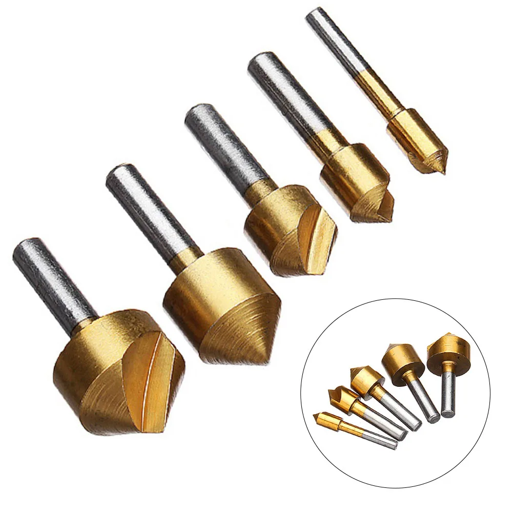 5Pcs 6/10/13/16/19mm 90 Degree High Carbon Steel Titanium Coating Metric Single Flute Drill Bits Chamfering Device For Wood