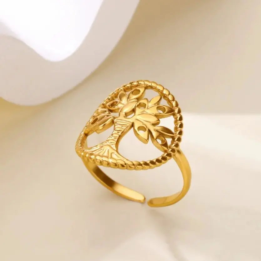 Elegant Tree Ring Gold Plated Stainless Steel