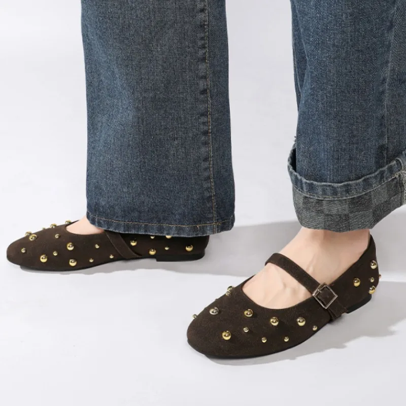 2025 Summer Brand Mary Jane Shoes for Women Fashion Rivet Suede Classic Retro Brown Casual Soft Bottom Comfortable Ladies Flats 6