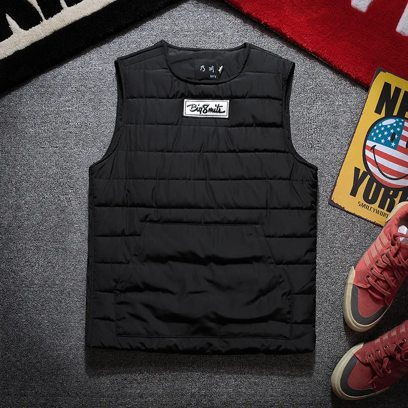 Round Neck Vest Men's Autumn Winter Cotton Thickened Thermal Vest Youth Fashion Side Zipper Sleeveless Coat Pullover Y2k