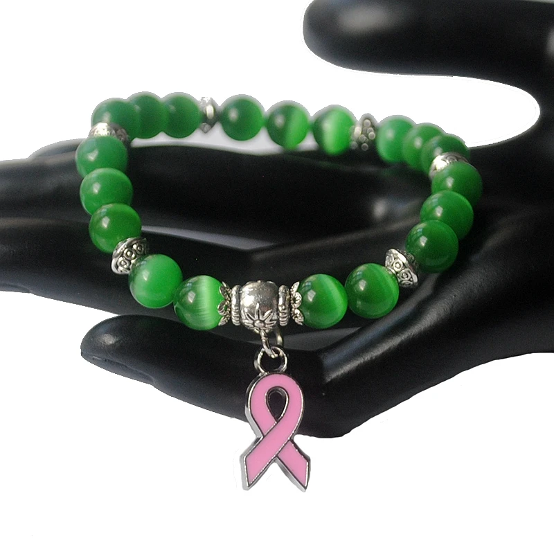 Breast Cancer Awareness Pink Ribbon Charm Bracelet 5 Color Cat Eye Opal 8mm Beads Bracelet B004