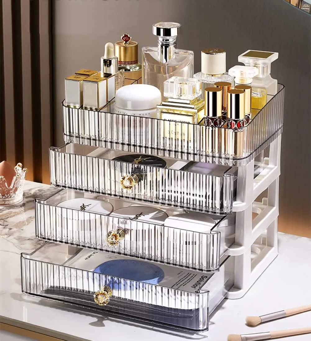 Escritorio de maquillaje organizador de cosméticos con cajones para  tocador, encimera, encimera de baño, elegante soporte de tocador para  cepillos