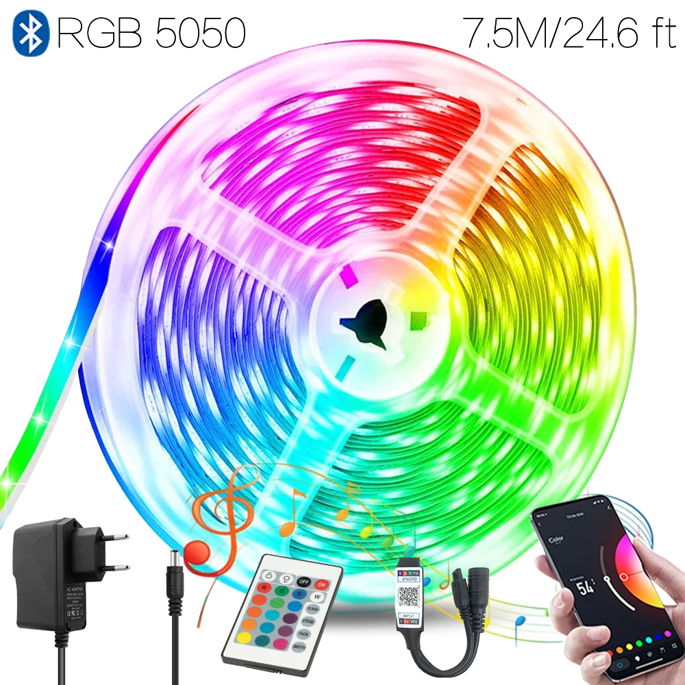 24.6 ft (7.5M) DIY Mode Color Changing Luminaria luces Led Lights Bluetooth Smart RGB 5050 12V Flexible Lamp Tape For Chambre