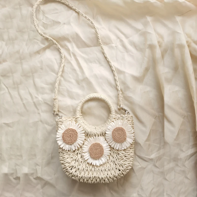 Summer Handmade Bags for Women Beach Weaving Ladies Straw Bag Wrapped Beach Bag Moon shaped Top Handle Handbags Totes