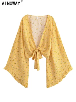 Vintage Fashion Women Yellow Floral 2025 Beach Summer Short Kimono Ruffles Flare Sleeves Vacation Bohemian Bikini Boho Cover-ups 1