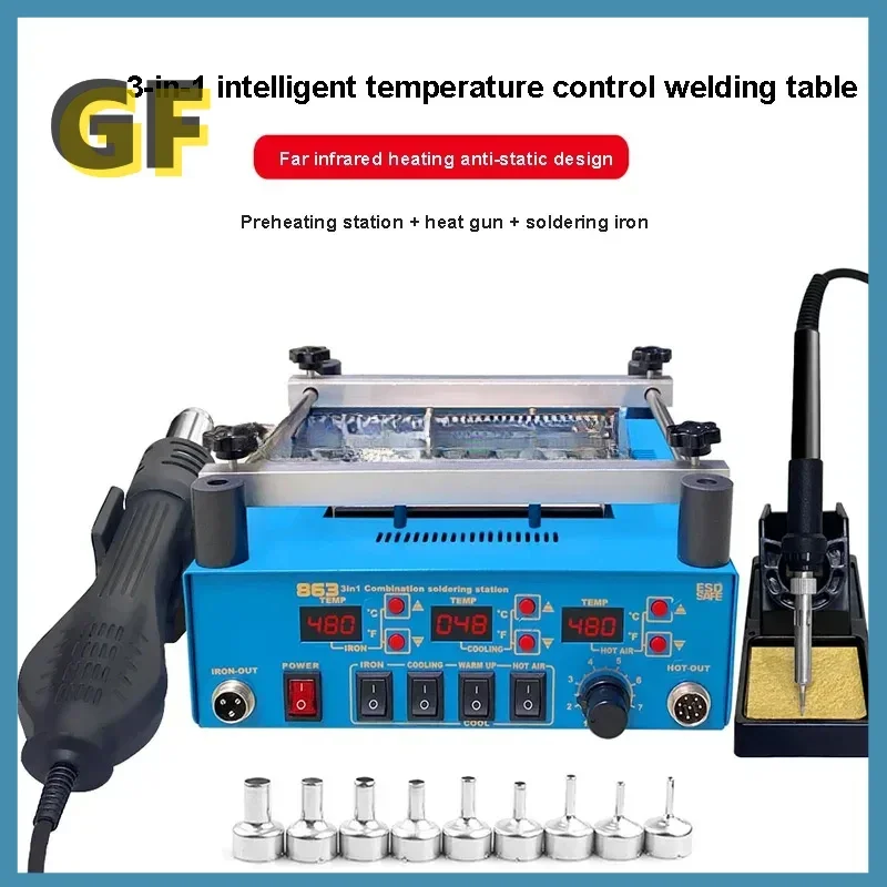 863 3 in 1 Digita Hot Air Heat Gun BGA Rework Solder Station Electric Soldering Iron IR Infrared Preheating Station