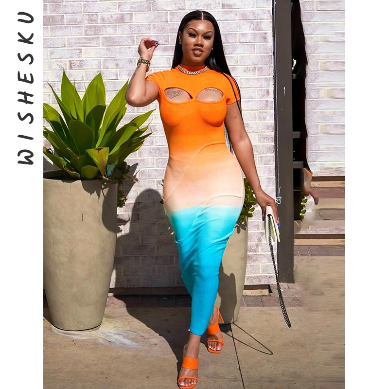 

Sexy Cut Out Gradient Orange Maxi Dress Women Short Sleeve Slim Fit Peach Hip Party Vestido 2024 Summer Beach Y2K Clothes