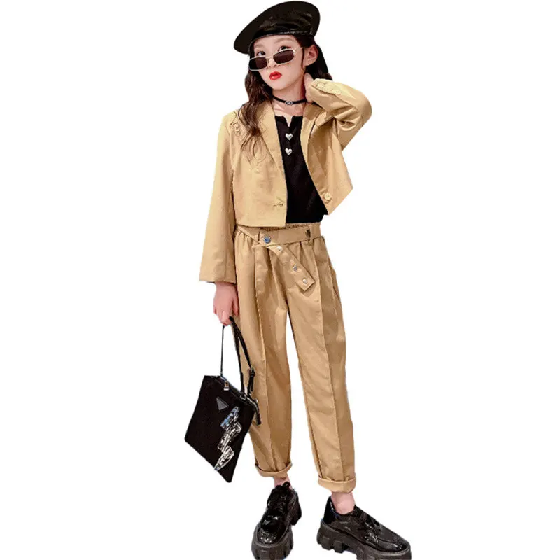 

New Young Girls Fashion Jazz Uniform Teenage Spring Autumn Costume Jacket and Pants Children's Two-Piece Cool Blazer Suits 4-14Y