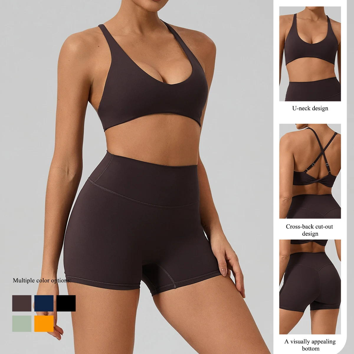 Hearuisavy Women Sports Bra Shorts Set V Neck Padded Cross Back High Waist Quick Dry Yoga Workout Gym Fitness Sportswear Outfits - תמונה 3