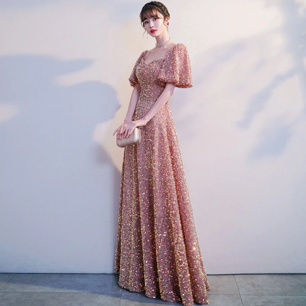 Prom Dress Floor-Length Sequin Dresses Woman Party Night A-LINE Prom Dresses with Short Sleeves women prom dresses