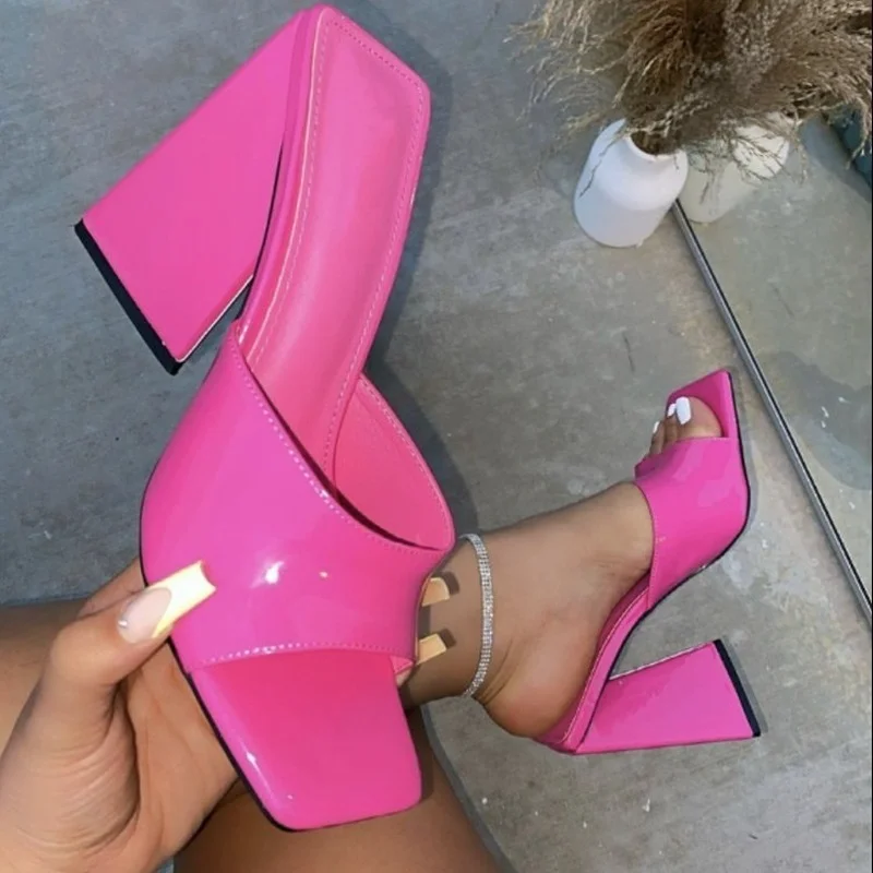 High Heel Slippers Women's Shoes 2022 Summer Europe Square Head Thick Heels Plus Size Fashion Women's Sandals and Slippers