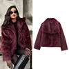 HXAO Women's Fur Coat Women 2024 Plush Burgundy Bomber Jacket Solid Crop Long Sleeve Jacket Warm Winter Coats Woman Casual Coats 1