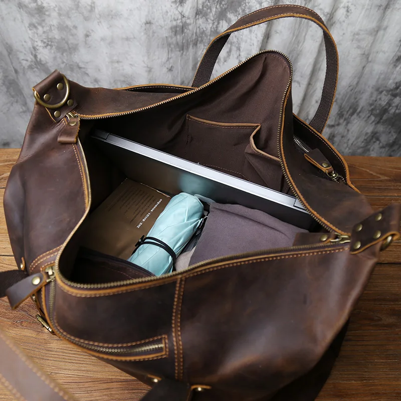 NZPJ Vintage Large Capacity Leather Travel Bag Men's Top Layer Cowhide Crossbody Handbag Crazy Horse Leather Luggage Bag