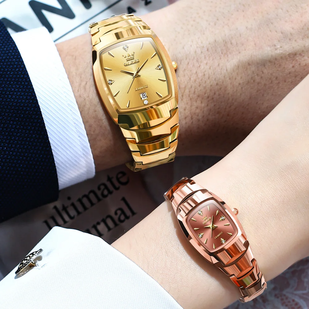 New OLEVS Couple Tungsten Steel Watches Pair Men And Women Fashion Luxury Waterproof Quartz Wristwatches Ladies Clock Reloj