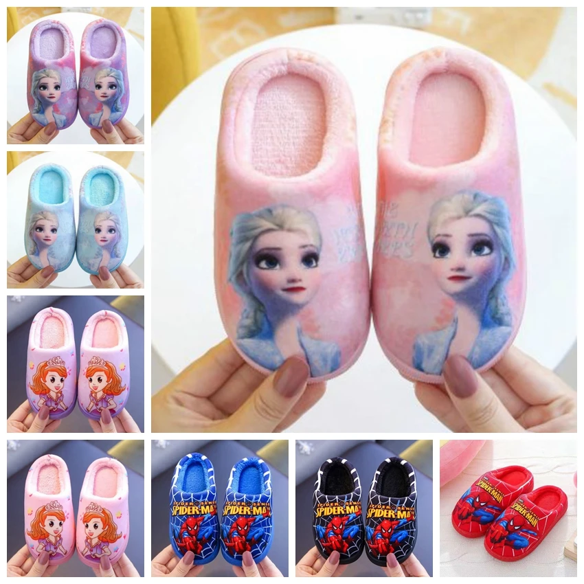 

Children Cotton Slippers Cartoon Marvel Spiderman Frozen Elsa Sofia Autumn Winter Warm Princess Baby Boys Girl Indoor Home Shoes