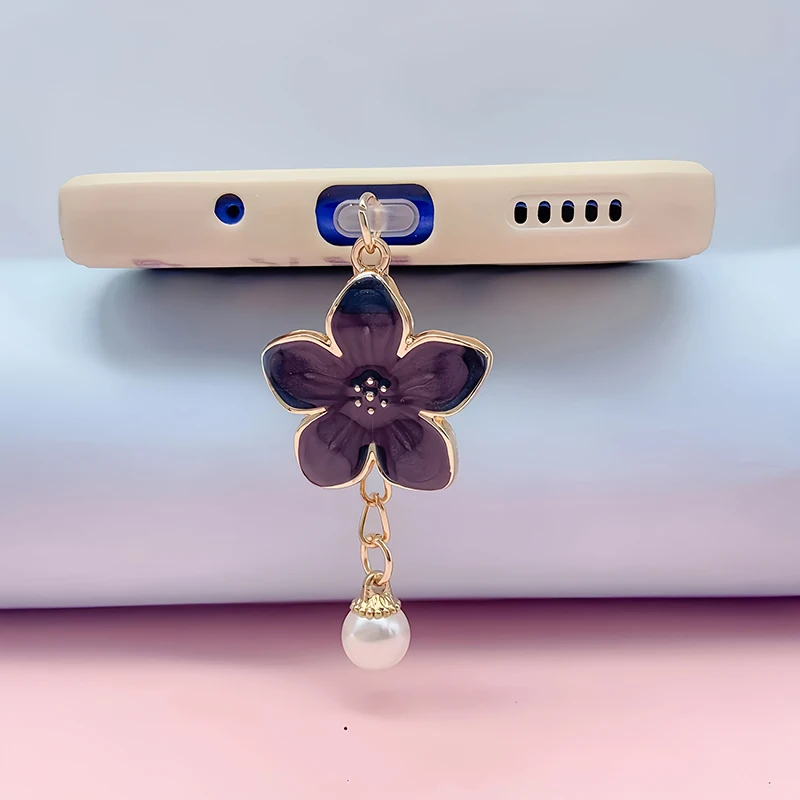 꽃 진주 폰 먼지 방지 플러그 귀여운 장 충전 포트 커버 (아이폰, 삼성, 안드로이드, 타입C 호환)