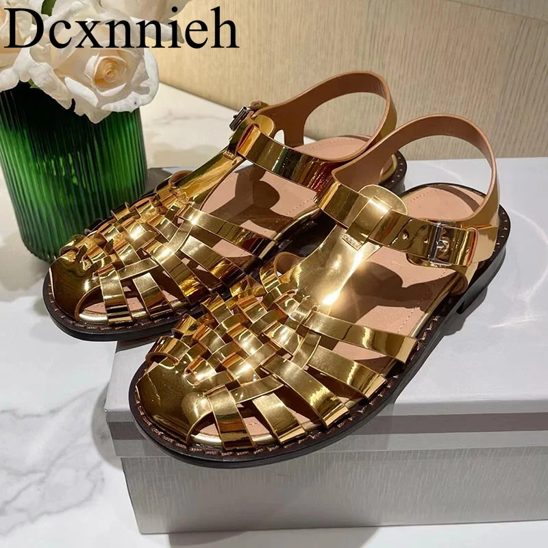 

New Flat bottomed thick soled patent leather casual sandals women woven hollow sandals summer outdoor vacation beach shoes women