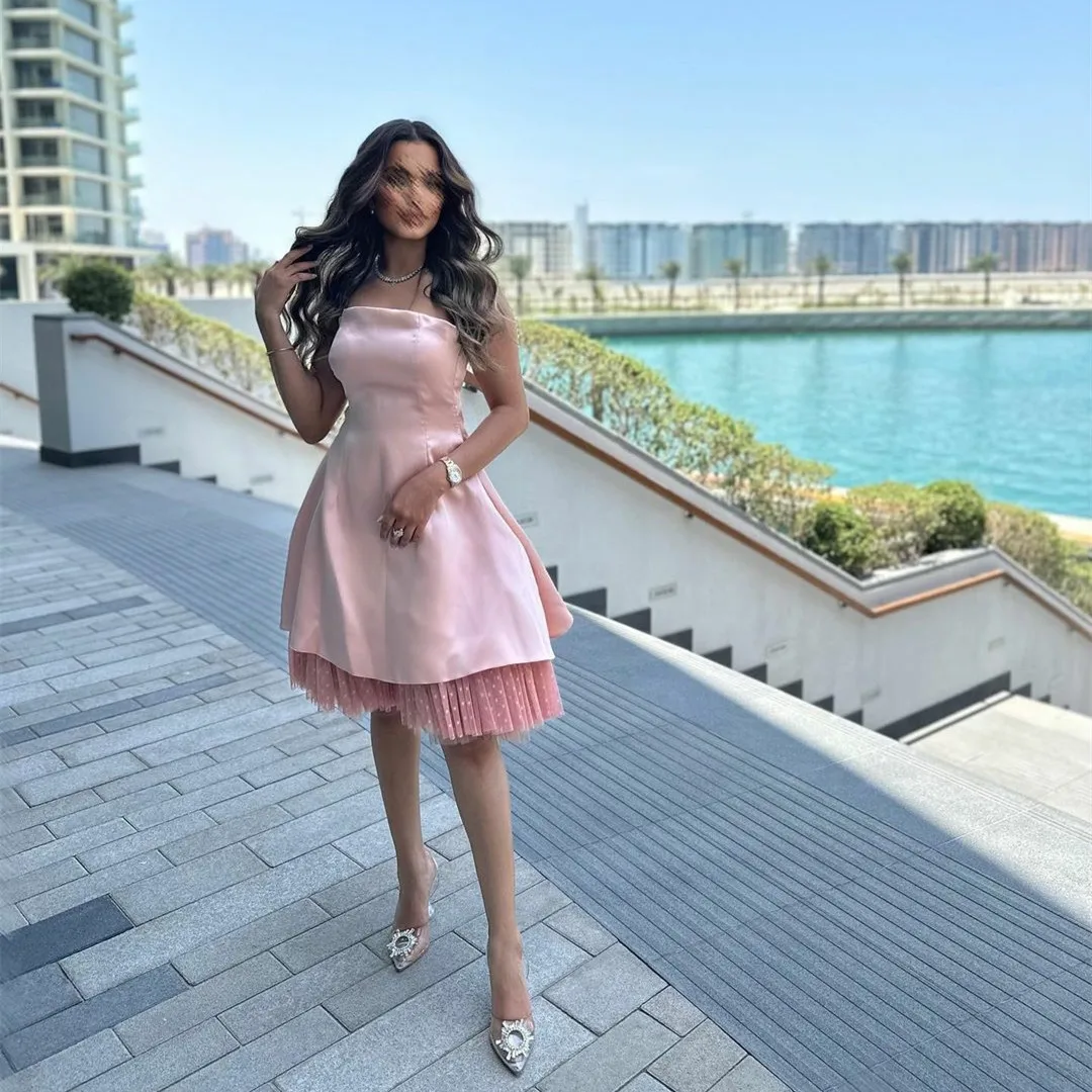 

Classy Short Pink Strapless A-Line Evening Dresses Tulle Knee Length فساتين السهرة Prom Gowns for Women
