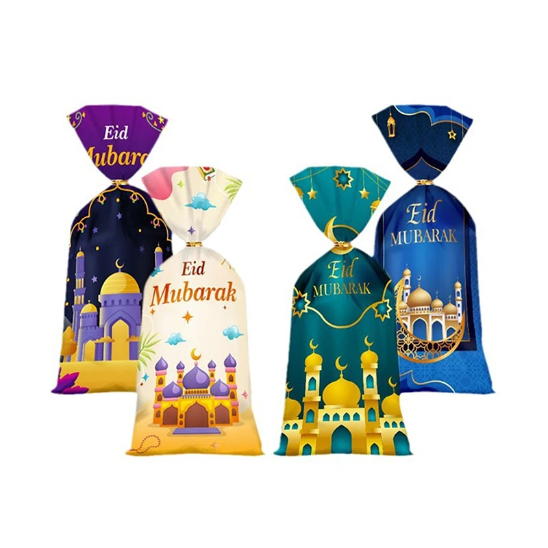 50pcs Eid Mubarak Gift Bags Plastic Cookie Candy Bag Ramadan Kareem Decor Islamic Muslim Eid Al-fitr Party Supplies