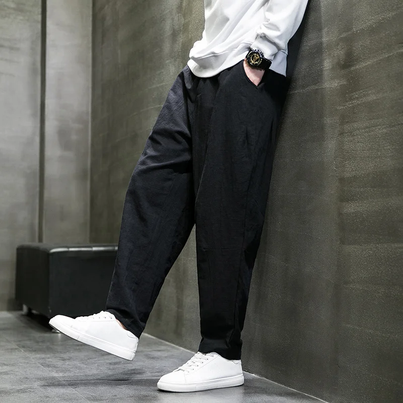 

Chinese Style Linen Casual Pants Spring Autumn Loose Straight Plus Size Trousers Harajuku Retro Harem Pants Men Clothing