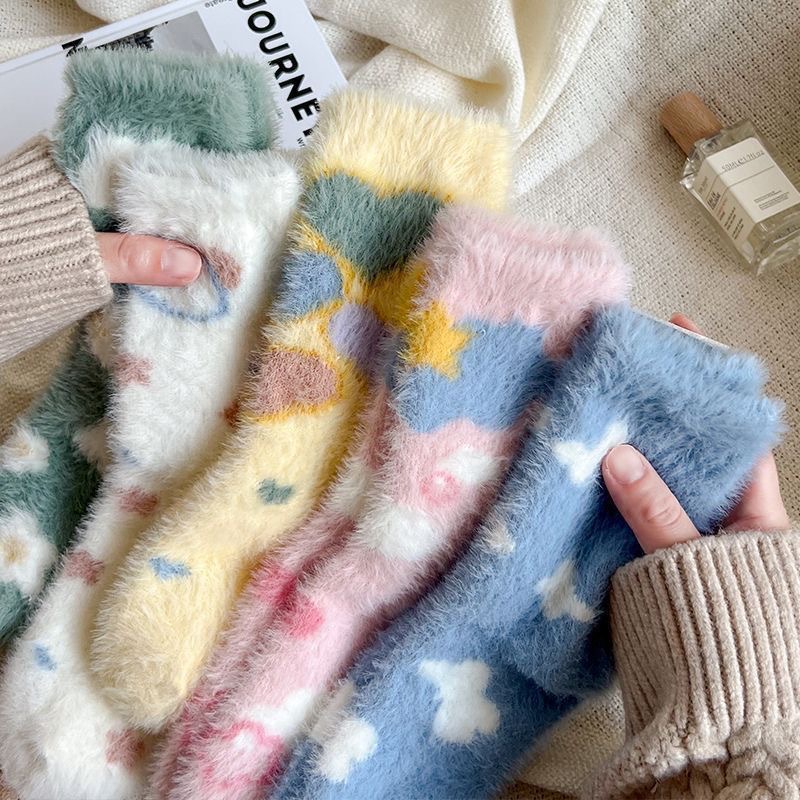 Japanese Kawaii Cute Socks Autumn Winter Thicken Warm Soft Plush Women Socks Coral Fleece Thermal Homewear Floor Sleeping Socks