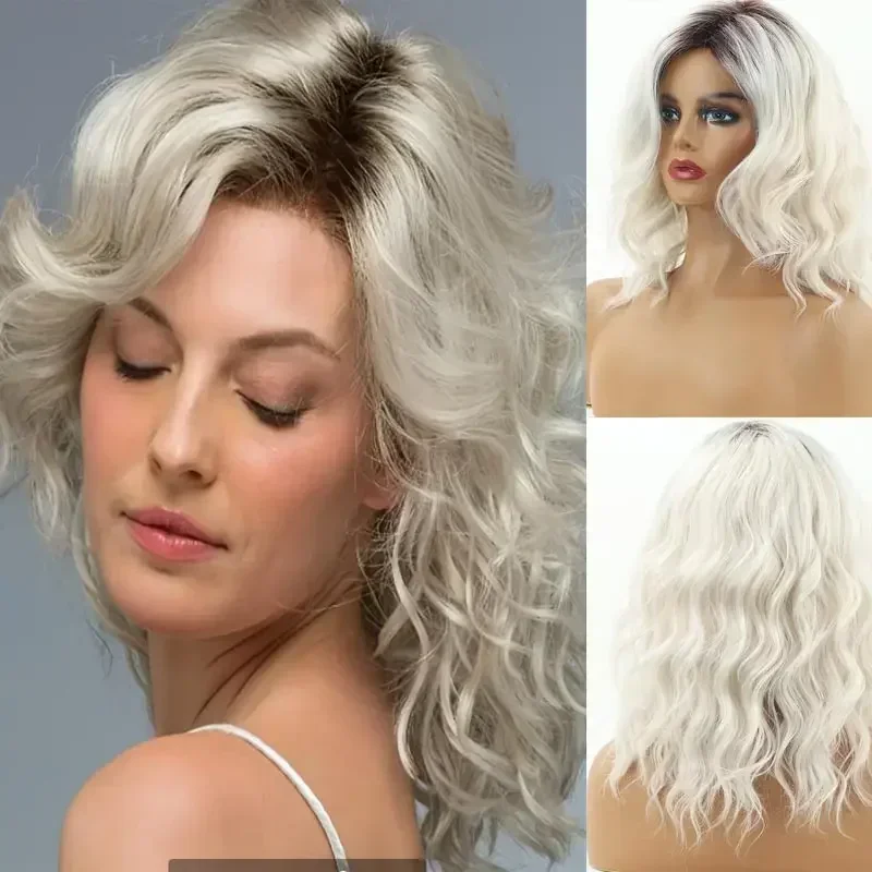 

Women's Fashion Wigs Short Grey Big Curly Synthetic Wigs Silver White Ombre Dark Roots Natural Loose Wave Mommy Daily Party Wig