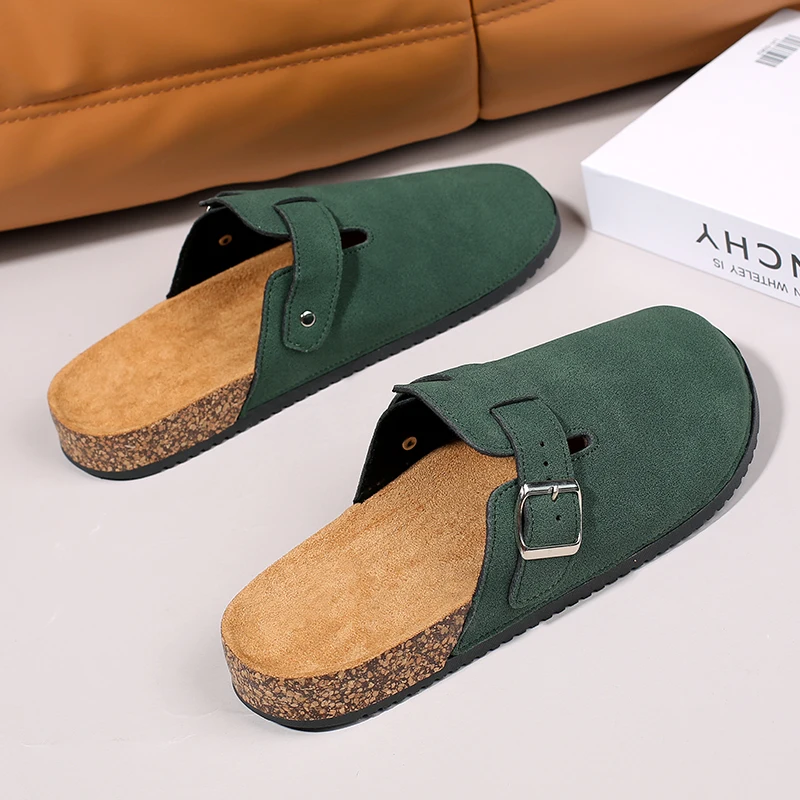 Unisex Suede Clogs with Adjustable Buckle and Cork Footbed