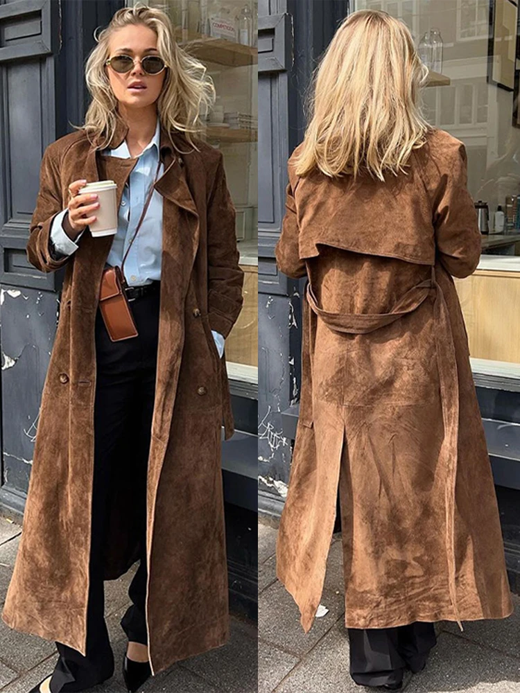 Belt Suede Long Trench Coat Women Loose Casual Velvet Maillard Windbreaker Outwear Autumn Double Breasted Commute Overcoat