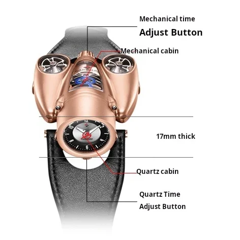 Dual Movement Watch Men Mechanical Quartz Hybrid Two Engine Skeleton Pilot Aviation Sapphire Stainless Steel Waterproof Luminous - 3