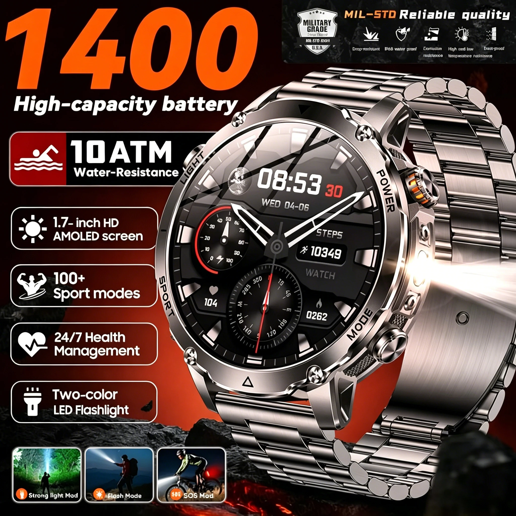 2026 Military New 1400mAh Battery Smart Watch Men Outdoor Flashlight 10ATM Waterproof Heart Rate Bluetooth Call Sports Bracelets 1
