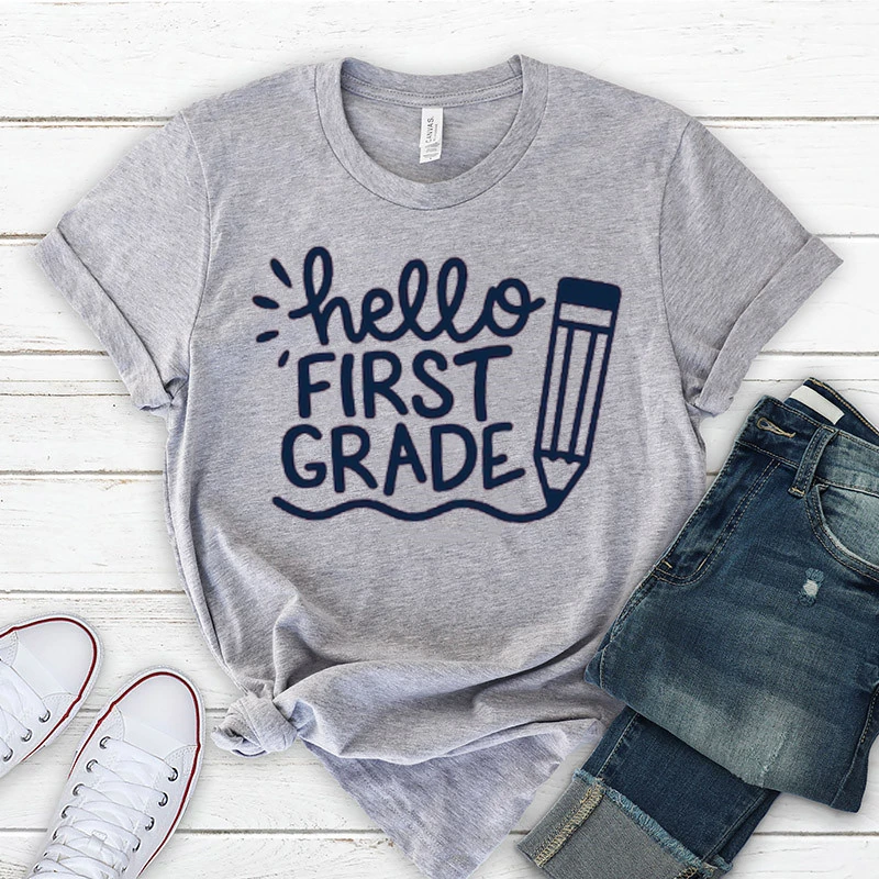 

Hello First Grade Shirt Gift for Teachers First Grade Teacher Back to School Tee graphic t shirts y2k aesthetic harajuku