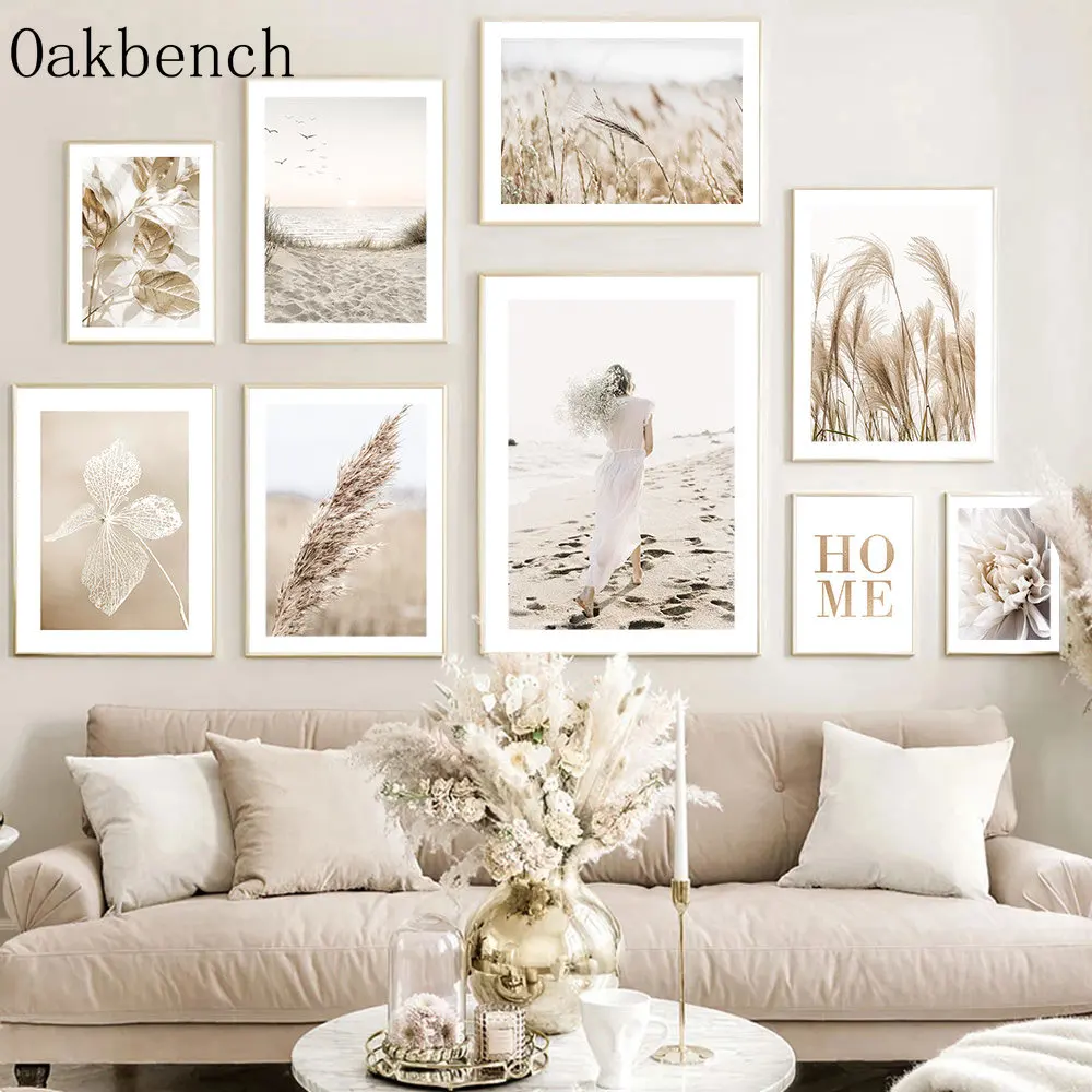 

Beige Art Prints Reed Wall Art Poster Beach Girl Canvas Painting Flower Leaf Print Pictures Nordic Wall Posters Home Decoration