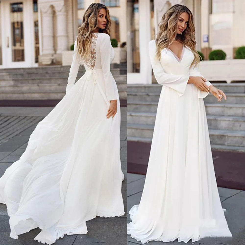 Long Sleeve Simple Ivory White Wedding Dresses with Ruffle Skirt AWD15 –  SheerGirl