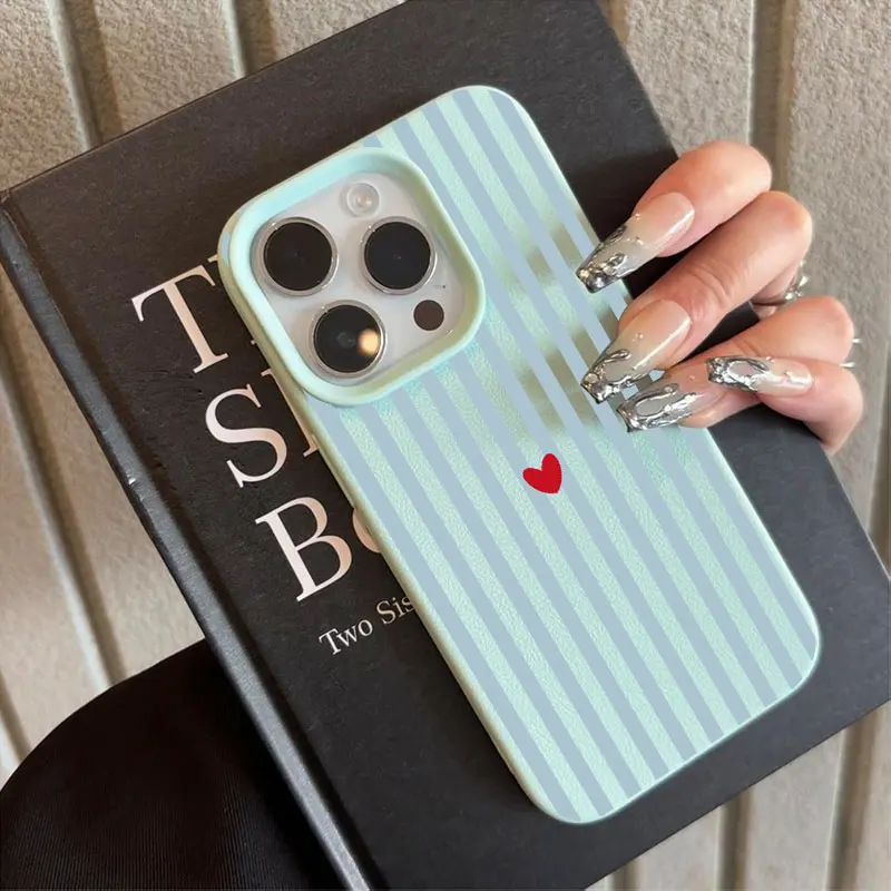 Blue Striped Red Heart Minimalist Pattern Phone Case