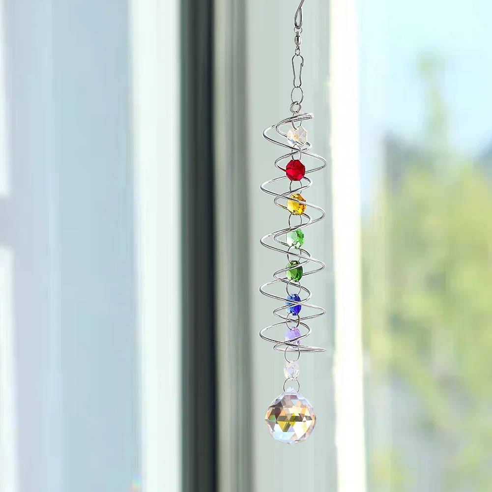 Gazing Ball Spiral Tail Crystal Suncatcher, Rainbow Maker Crystal Beads Sun Catcher Indoor Window Garden Wind Chimes Outdoor