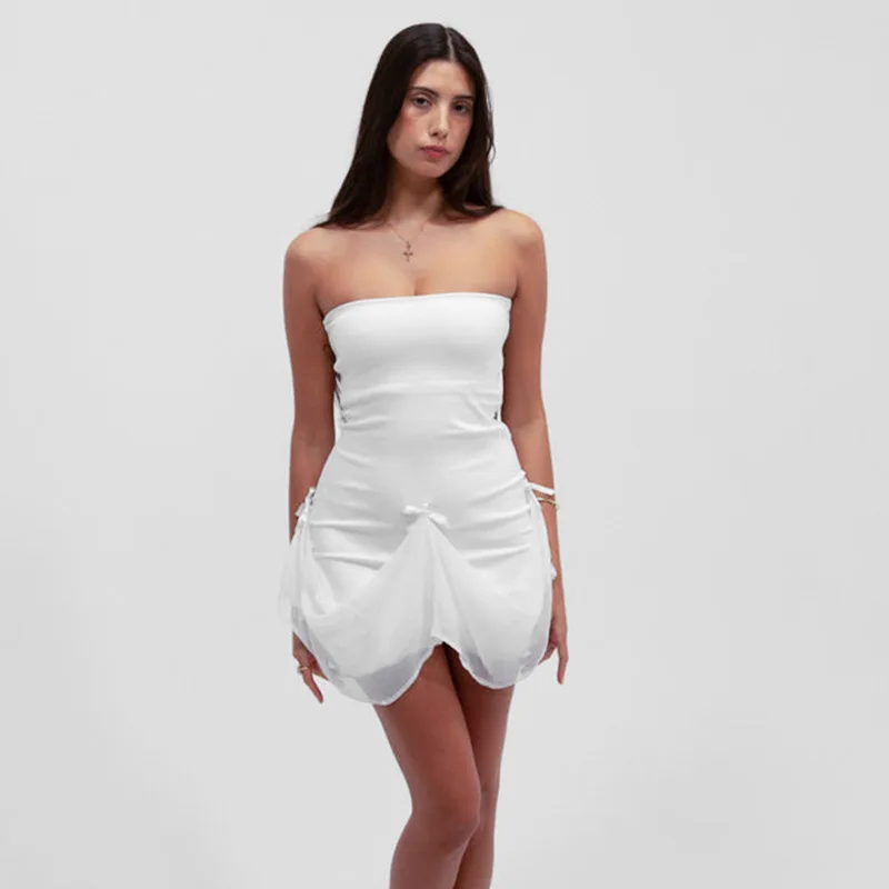 Tee Bow Mesh Patchwork Long Dress Women's Bandage See-Through Beach Holiday Party Dress Elegant Slim Maxi Dress Summer New