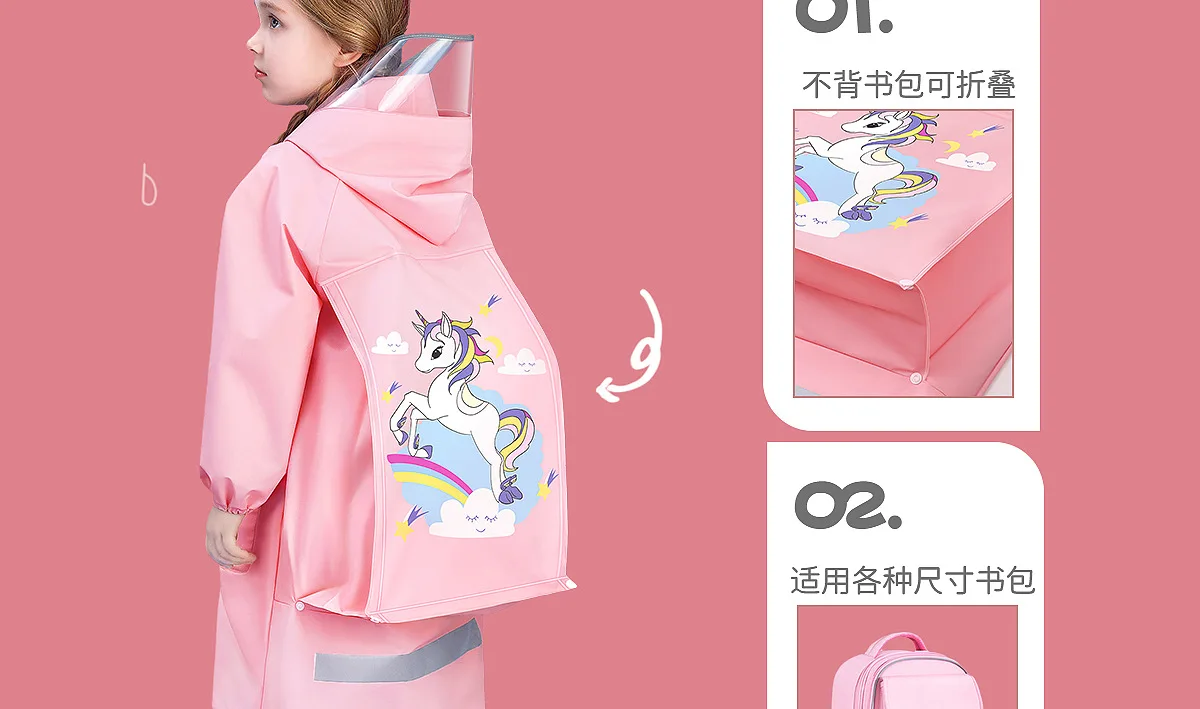 Whole Body Waterproof Kids Rain Poncho - EVA Children's Raincoat for Girls and Boys in Kindergarten with Schoolbag