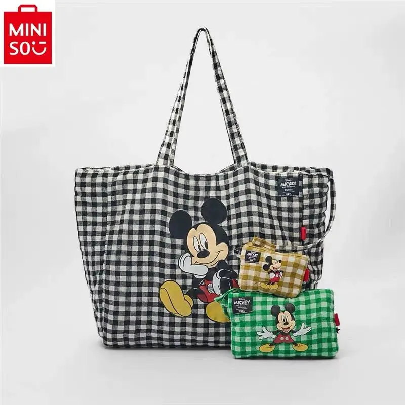 

MINISO Disney Cartoon Cute Mickey Tot Mother and Child Bag Student Large Capacity Shopping Bag Checkered Canvas Bag