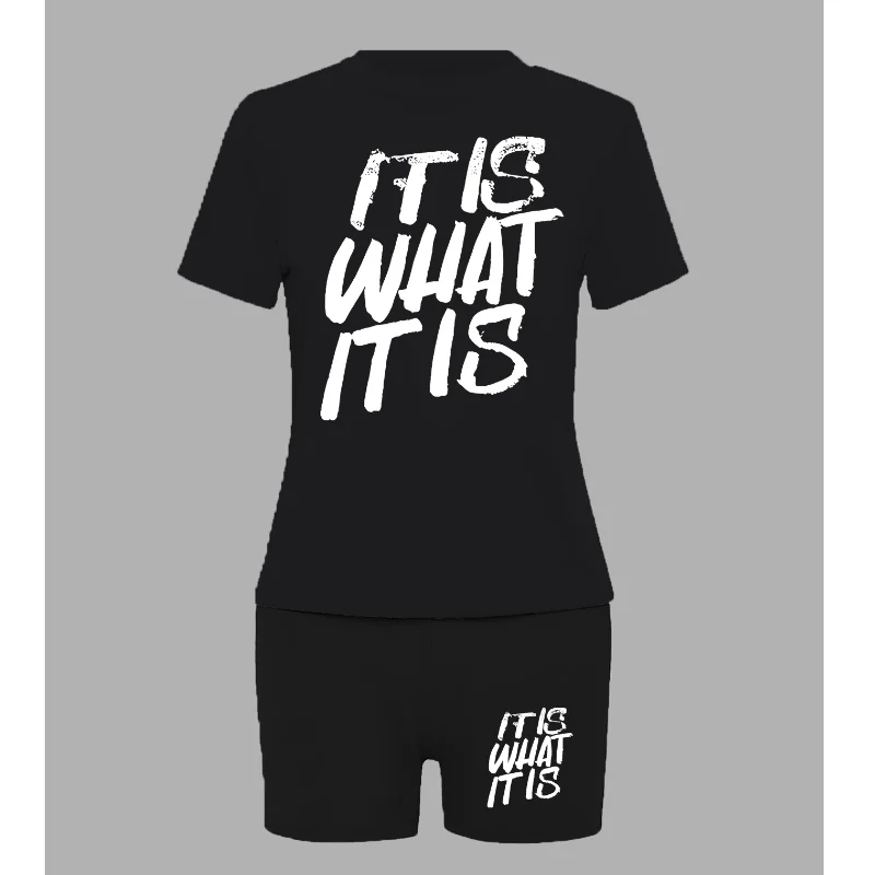 여성용 레터 프린트 투피스 세트, 캐주얼 슬림핏 라운드넥 반팔 티셔츠 및 레깅스 반바지, 여름 복장 정장