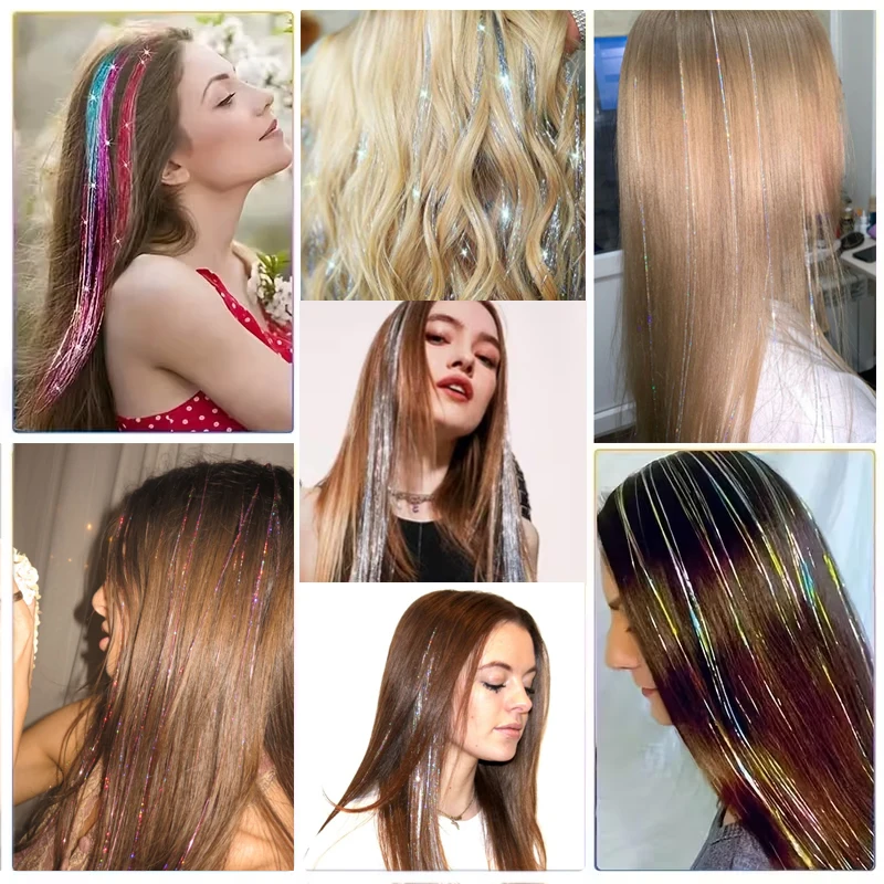 LUPU 24 Inch Hair Tinsel Kit 1200 Strands Glitter Sparkling Shiny Hair Extensions Heat Resistant Tinsel Strands for  Girls 6 Pcs