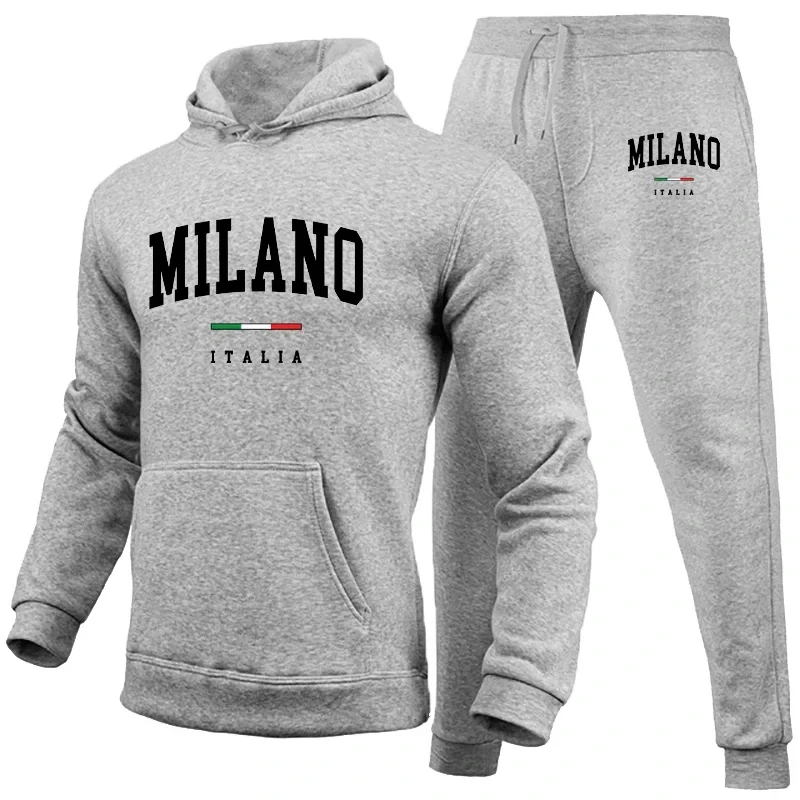 Men's Luxury Hoodie Set Milano Print Sweatshirt Sweatpant for Male Hooded Tops Jogging Trousers Suit Casual Streetwear Tracksuit 4