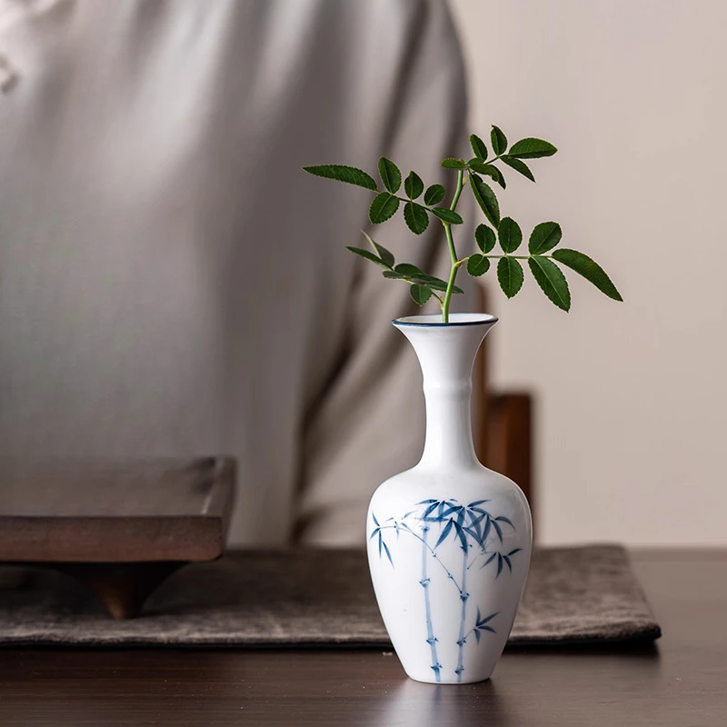 Nordic Ceramic White Porcelain Hand-painted Blue Bamboo Small Vase Home Dining Table Living Room Decoration Floral Ornament, 1Pc